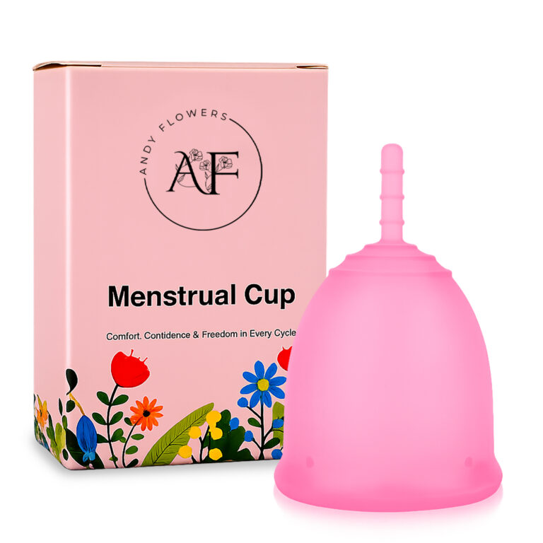 Andy Flowers Large menstrual cup in pink with its box