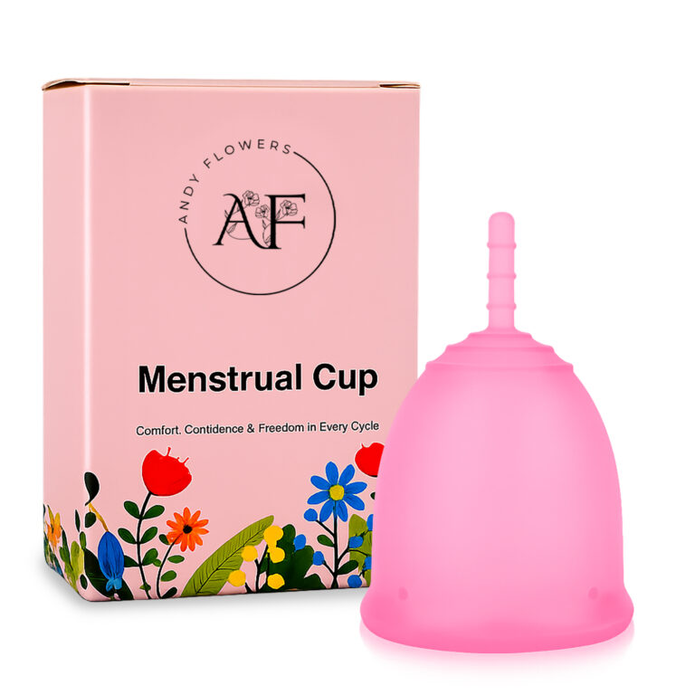 Andy Flowers Small menstrual cup in pink with its box