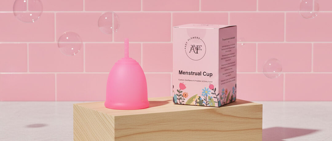 Andy Flowers pink menstrual cup with product packaging