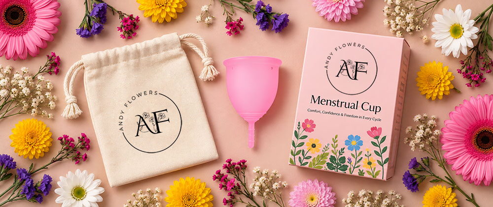 Andy Flowers pink menstrual cup with storage pouch and box